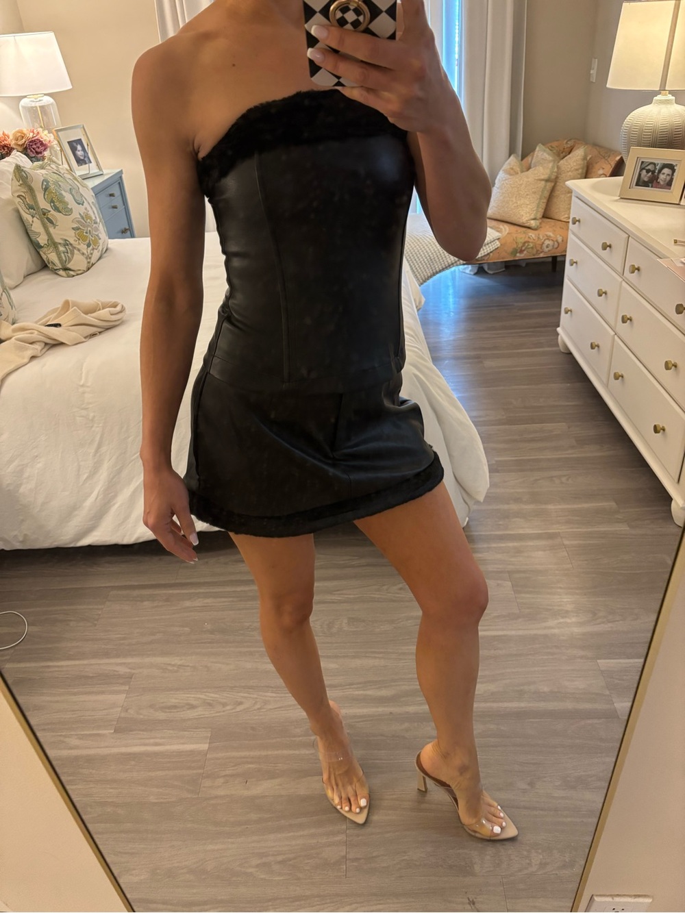 🖤 WeWoreWhat Faux Leather & Faux Fur Trim Top + Skirt Set